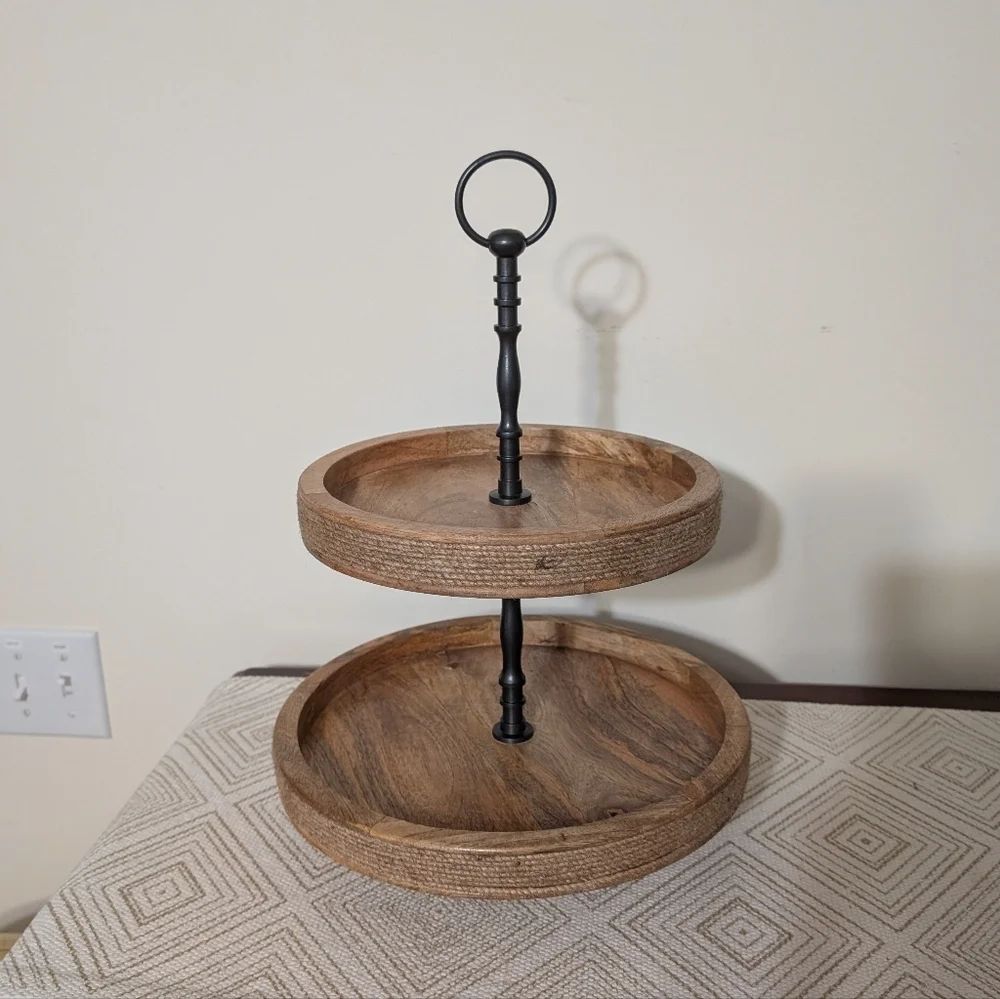 Two-Tiered Wooden Stand with Black Metal Handle 12
